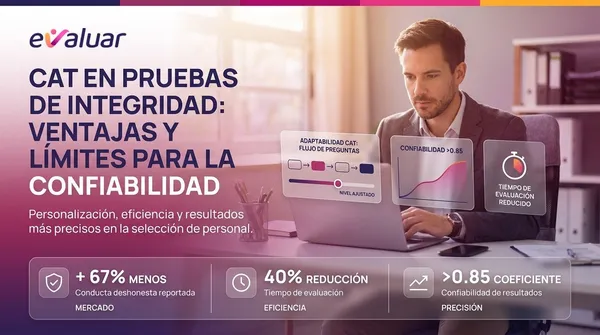 Infografía de evaluar.com sobre el uso de CAT en pruebas de integridad: 40% de reducción en tiempo de evaluación, coeficiente de confiabilidad mayor a 0.85 y 67% menos conducta deshonesta reportada en selección de personal