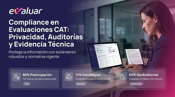 Profesional de RRHH revisando compliance en evaluaciones CAT con dashboard de privacidad, auditorías y políticas de seguridad