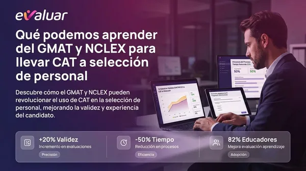 Profesional de RRHH analizando dashboards de evaluación adaptativa CAT en laptop y tablet, con estadísticas que muestran incremento de validez y reducción de tiempo en procesos de selección de personal con metodología GMAT y NCLEX.