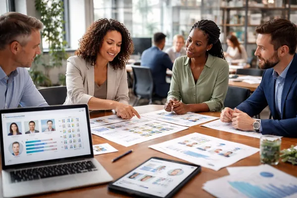 Equipo de recursos humanos evaluando perfiles por competencias para la selección de personal en una oficina moderna