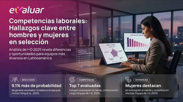Imagen de portada sobre competencias laborales entre hombres y mujeres en selección de personal en Latinoamérica, basada en un análisis de I+D de Evaluar.