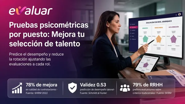 Profesional de RRHH analizando resultados de pruebas psicométricas por puesto en un dashboard de evaluación de talento por nivel jerárquico