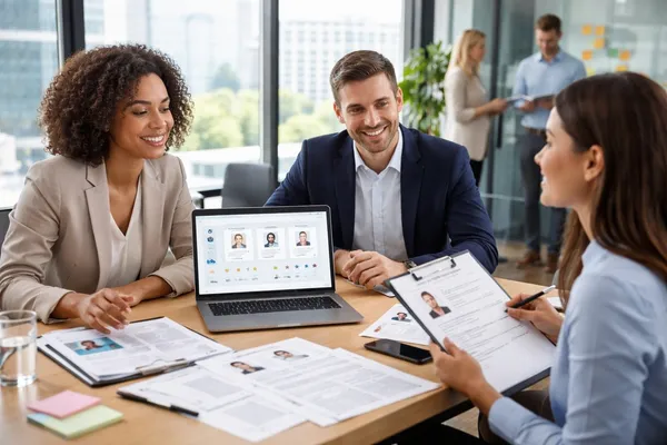Reunión de Recursos Humanos analizando candidatos en laptop y currículums para alinear la selección y contratación de personal con los objetivos del negocio