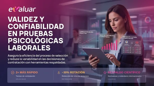 Imagen de portada sobre validez y confiabilidad en pruebas psicológicas laborales, con métricas de selección de personal como tiempo de contratación 2 veces más rápido y reducción del 30% en rotación